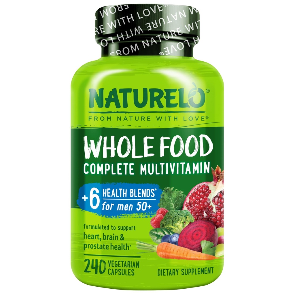 NATURELO All Food Multivitamin pro muže 50 + - s vitamíny, minerály, organické bylinné extrakty - Vegan Vegetarian - pro energii, mozek, srdce a oční zdraví - 240 Kapsle