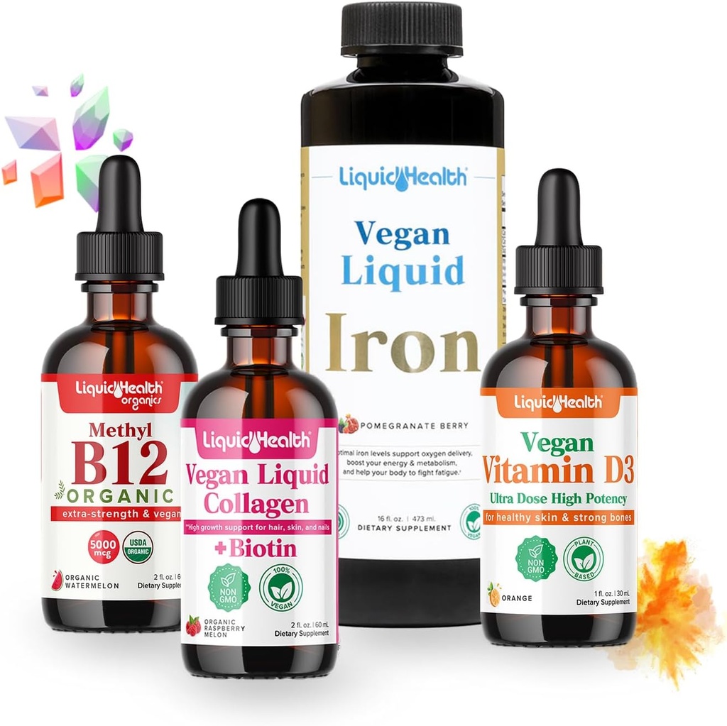 LIQUIDHEALTH Vegan Daily Essentials Vitamin Starter Kit s organickým methyl B12 Drops, Vegan tekutý kolagen + Biotin, tekuté železo, Vitamin D3 D3 Drops - 100% Plant- Based vitamínové doplňky, Made in USA