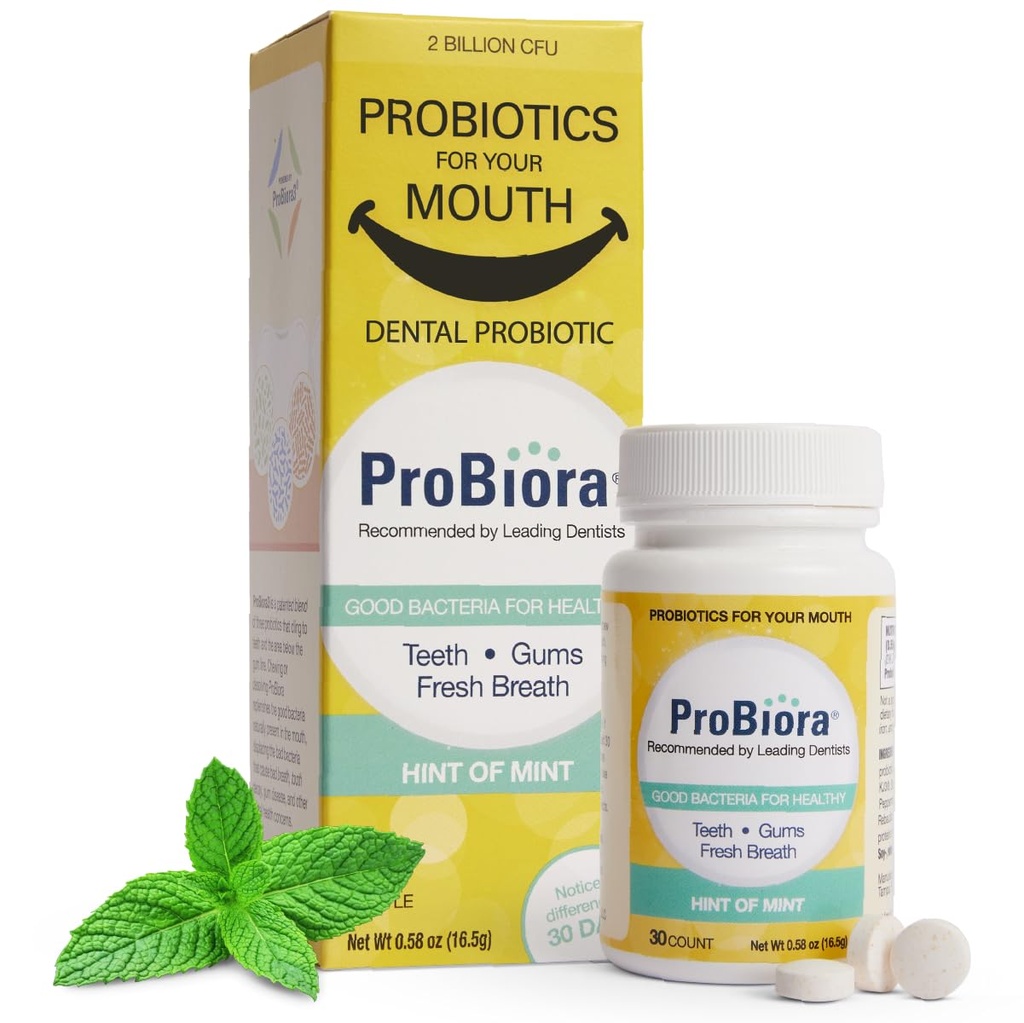 ProBiora Oral Probiotika pro zuby a dásně 124; Zubní Probiotika pro zlepšení orální zdraví 124; Bad Dechové ošetření pro dospělé 124; ProBiora3 Patentovaná Probiotická směs 124; Bělení zubů 124; 30 Mint tablety