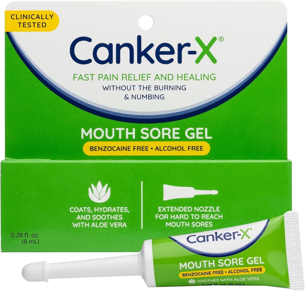 Canker- X Mouth Sore Gel, Fast Pain Relief & Healing for Canker Sores, Cheek Bites and Oral Abrasions, Oral Pain Relief Gel, Benzocaine- Free and Alcohol- Free, Dospělí a děti 6 + Roky, 0,28 fl oz