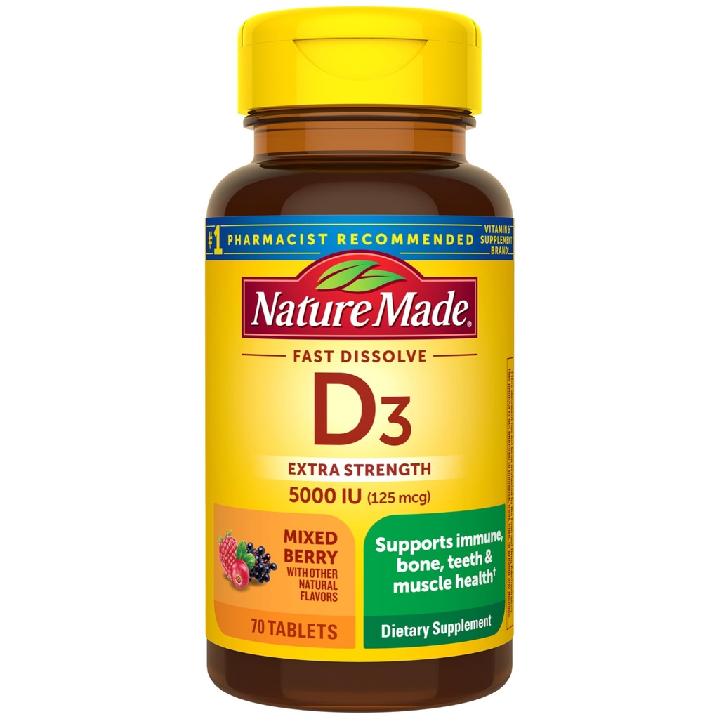 Nature Made Vitamin D3 5000 IU (125 mcg) Extra Strength, Vitamin D dodatek pro imunitní podporu, 70 Cukr zdarma Rychlé rozpuštění tablety, 70 denní dodávka