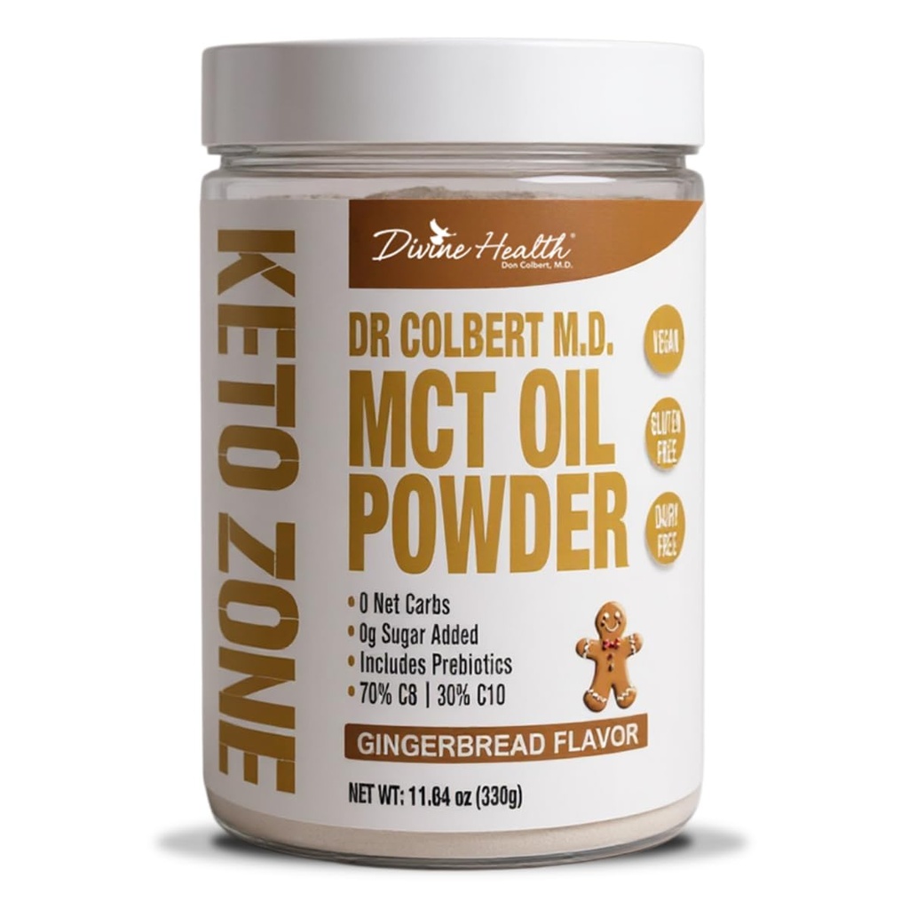 Divine Health Keto Zone ® MCT Oil Powder 124; Gingerbread 124; 330 GG124; 30 Day Supply 124; Dr. Colbert 's Keto Zone Diet Book 124; Coffee Creamer Oil 124; 70% C8 30% C10 OF 124; 0 Net Carbs