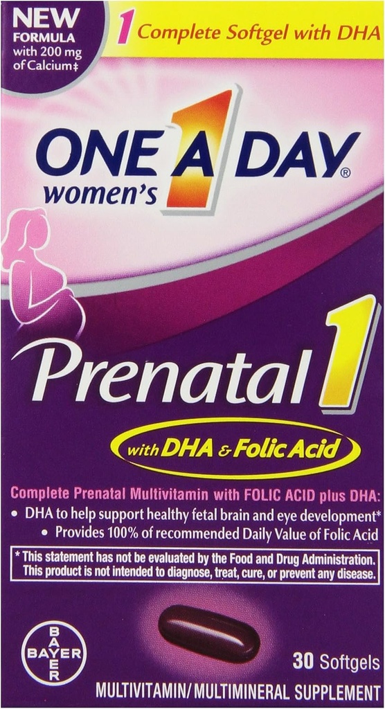 Jeden den žen Prenatal 1 Multivitamin, dodatek pro dříve, během a po těhotenství, včetně vitaminů A, C, D, E, B6, B12, a Omega-3 DHA, 30 Počet