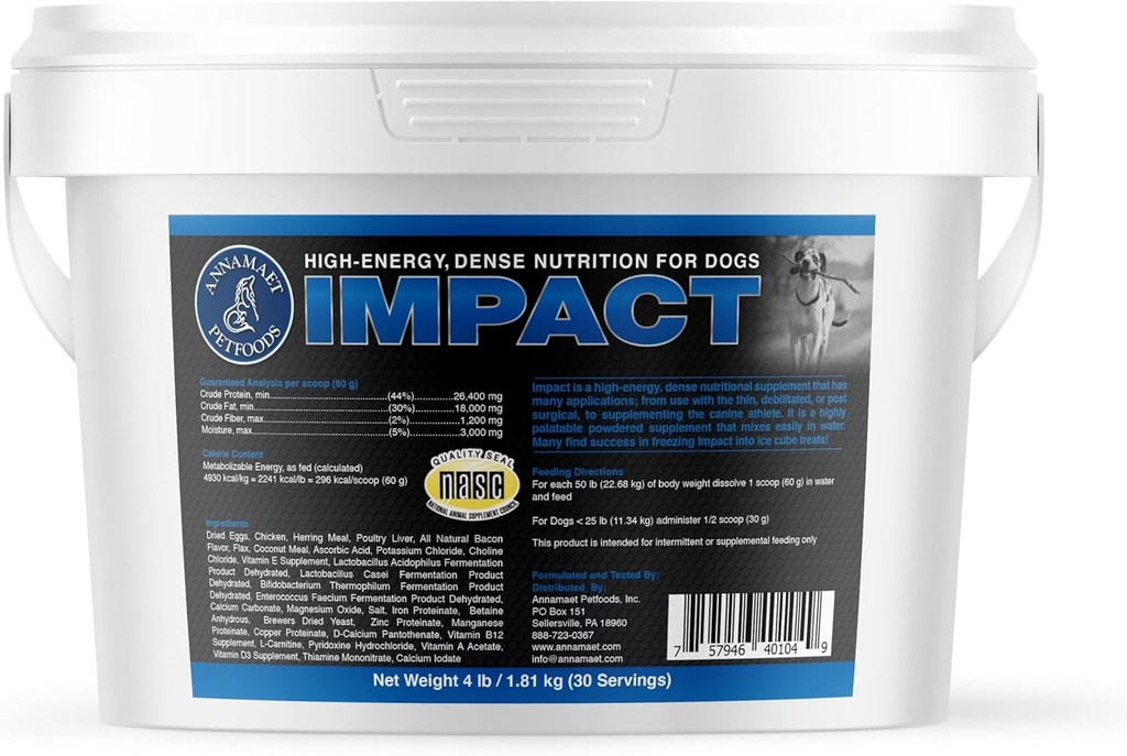 Annamaet Impact - High- Energy Dense Nutrition Dodatek pro psy - Pomáhá podporovat zdravou hmotnost v psích atletech, Post- Chirurgických psů a psů s rychlým metabolismem - 4 libry