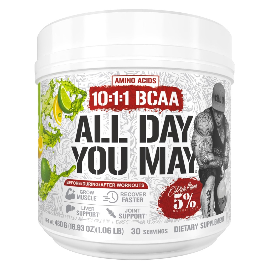 5% Nutrition Rich Piana AllDayYouMay BCAA Powder 124; Premium Intra & Post Workout Amino Acids, Hydration, Endurance, Muscle Recovery, Joint & Játra Podpora 124; 15.3 oz, 30 Servings (Lemon Lime)
