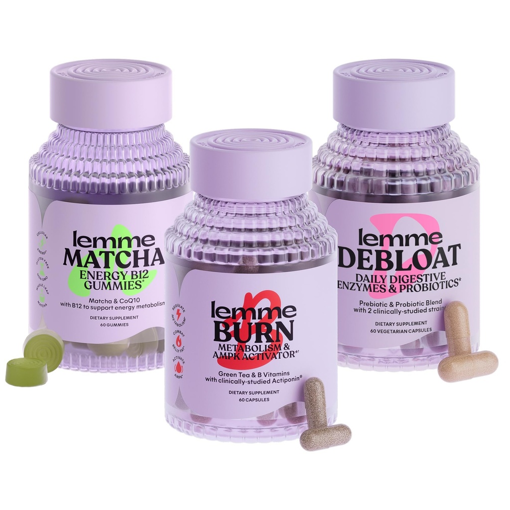 Lemme Burn, Debloat & Matcha Bundle - Metabolismus a spalovací kapsle tuku + Kapsle s úlevou od plynu + Energy B12 Gummies - Gluten- Free, Non- GMO - 60 ct. ea
