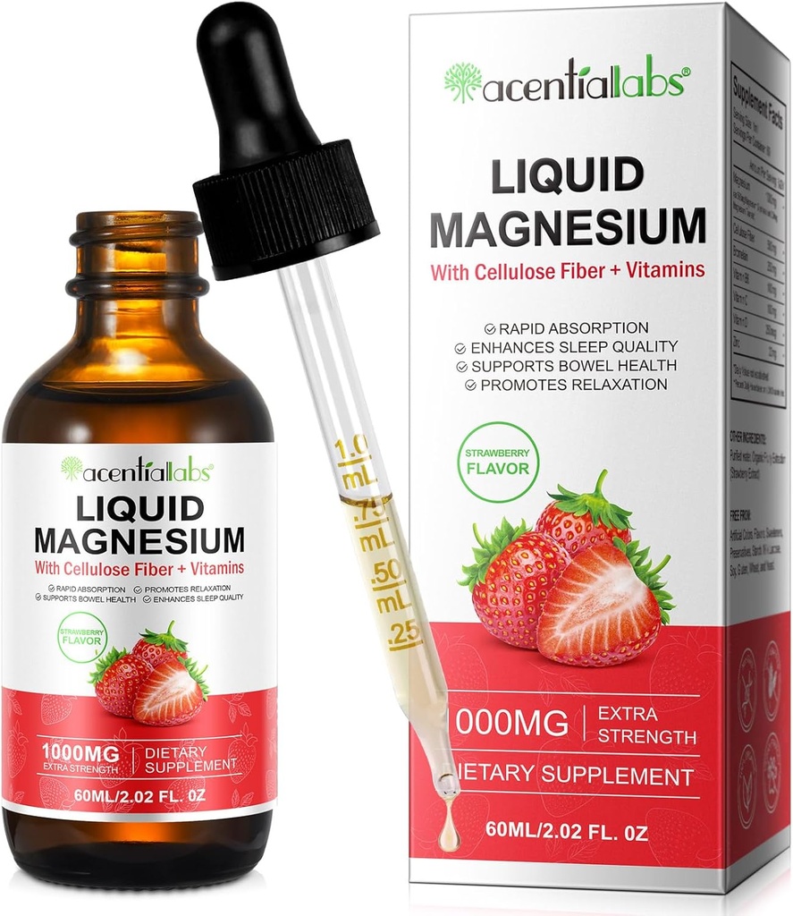 Glycinát hořečnatý kapalný, kapalná hořčík 1000Mg, kapky hořčíku, dodatek k hořečnaté hořčíku, s celulózovým vláknem, vitamin B6, C, D, zinek, stravitelné zdraví, propagace, žádný cukr, 2 Fl Oz