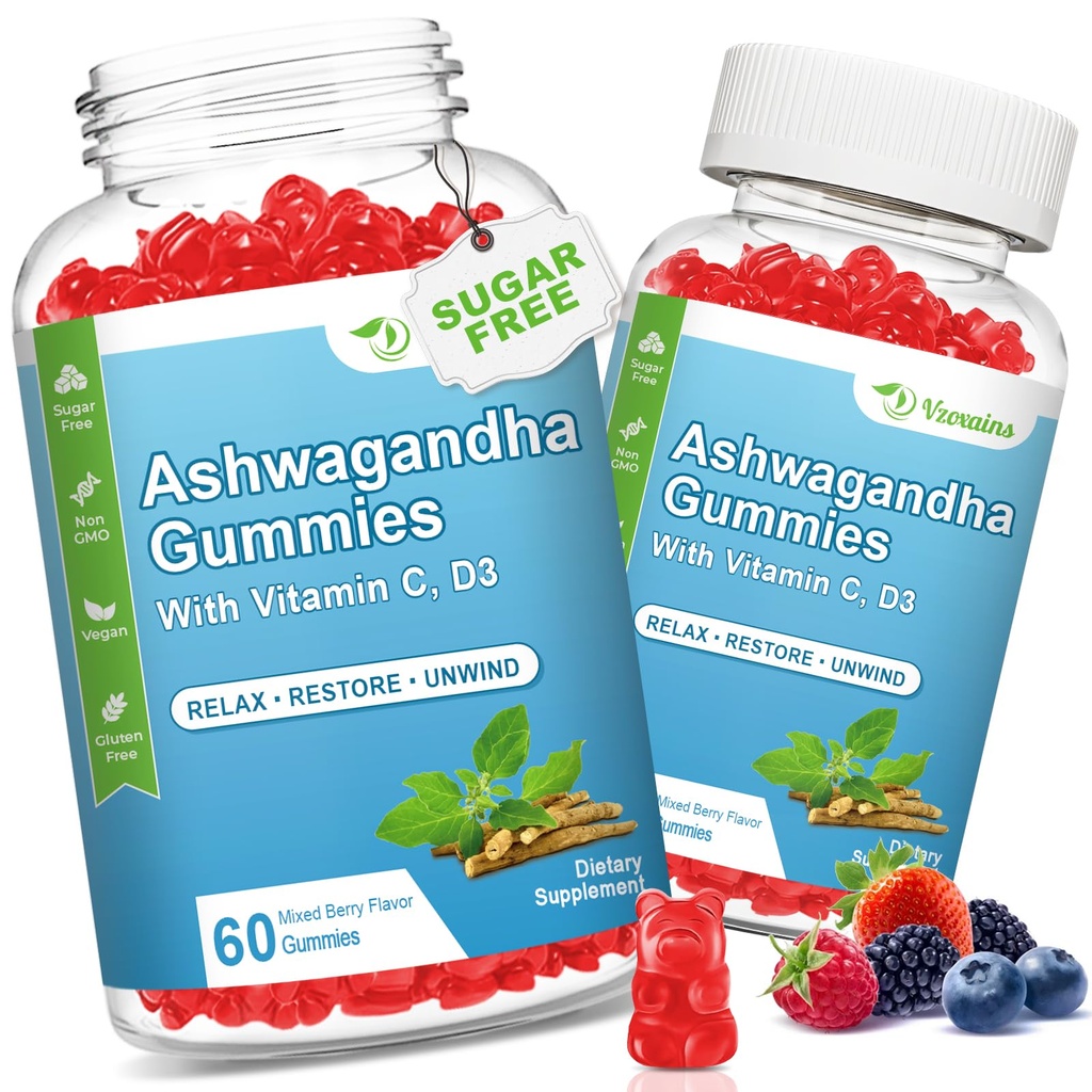 2 Pack Ashwagandha Gummies s vitaminem D pro ženy a muže, Cukr zdarma Vegan 1000MG Ashwagandha dodatek Gummy & Vitamin C, 120 Počet