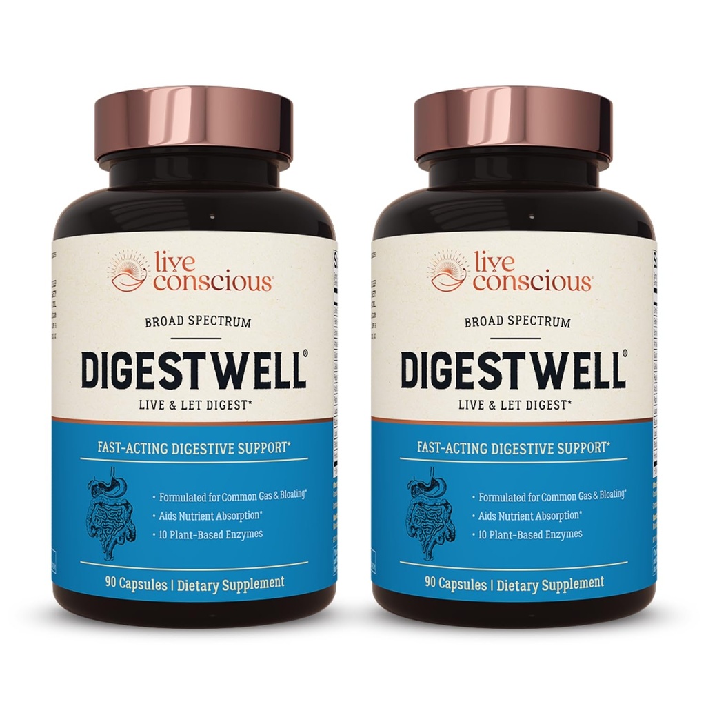 Live Conscious DigestWell Immediate Support - Fast- acting Digestive Support PHAR124; Broad Spectrum Enzyme, Probiotický a bylinný vzorec - Sníží každodenní plyn & Bloating - 90 Kapsle (2-Pack)