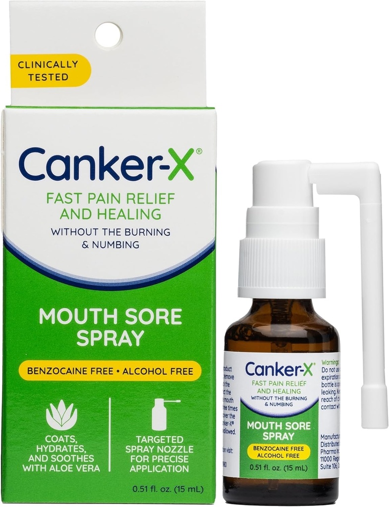 Canker- X Mouth Sore Spray, Oral Pain Relief from Canker Sores, Burns & More, No Burning & Numbing, Benzocaine- Free & Alcohol- Free Mouth Ulcer Treatment, Targeted Spray Nozzle, 0.51 Fl. Oz.