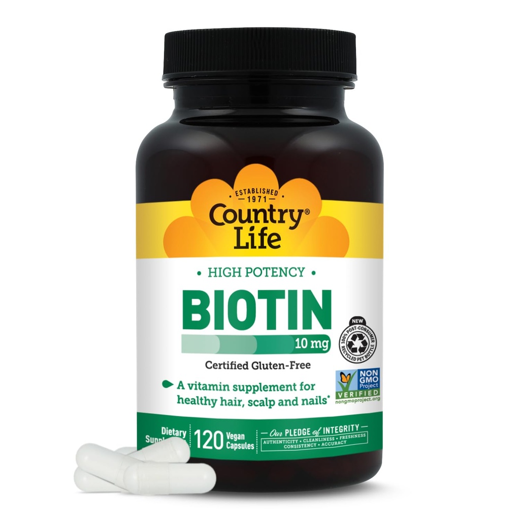 Country Life High- Potency Biotin 10mg - Vegan & gluten- Free Biotin Supplementary for Skin & Nails, Energy Metabolizmus - Biotin 10000mcg Kapsle