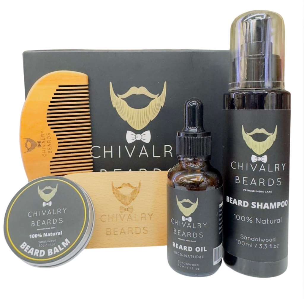 Beard Growth Kit - Beard Growth Oil - Beard Shampoo - Sandalwood Comb - Boar Brush, Beard Ball - Natural - Moisturizing - Grooming - Defrizzing
