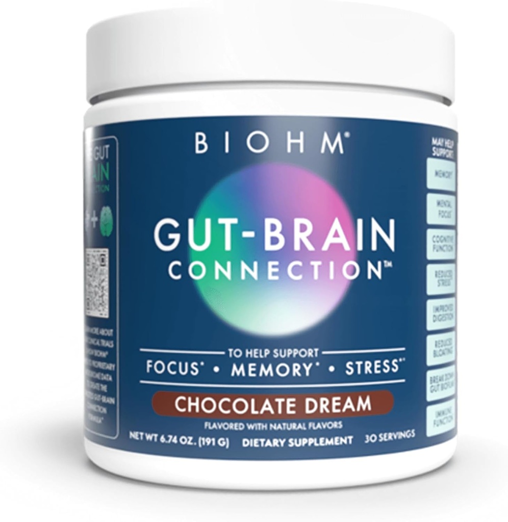 BIOHM Gut- Brain Connection Memory & Focus Supplement (6.74 Oz, 30 Servings) Podporuje Gut zdraví & Kognitivní Well- Bytí, Pomáhá zvýšit náladu, Probiotika, Lion 's Mane & Bacopa Monneiri, Čokoláda Flavor