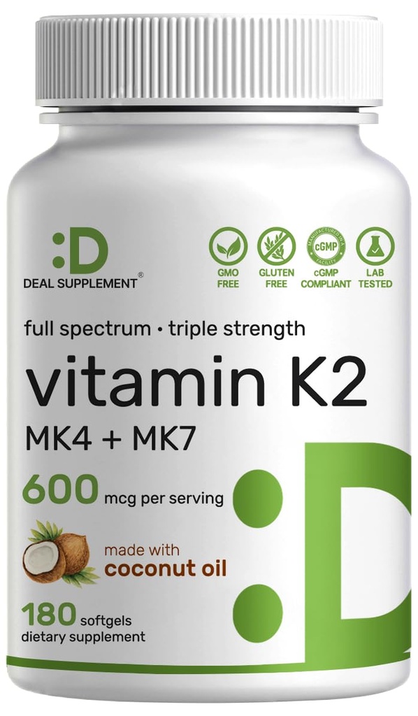DEAL DOPLŇUJÍCÍ vitamin K2 dodatek 600mcg, 180 Coconut Oil Softgels CARL 124; Full Spectrum High Absorption MK-7 & MK-4 Forms CARL 124; Bone, Joint, & Immunication Support - Non- GMO