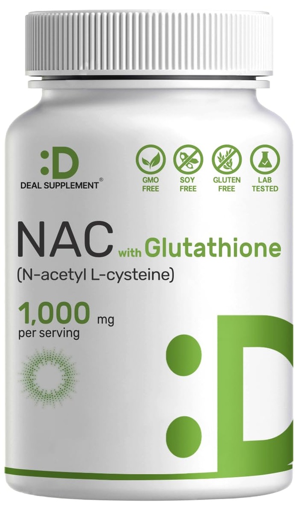 DEAL SUPPLAMENT NAC dodatek (N- Acetyl cystein) 1,000mg per Serving with Reduced Glutathione, 240 Kapsle - Antioxidant Podpora imunitního zdraví, plic, a funkce jater