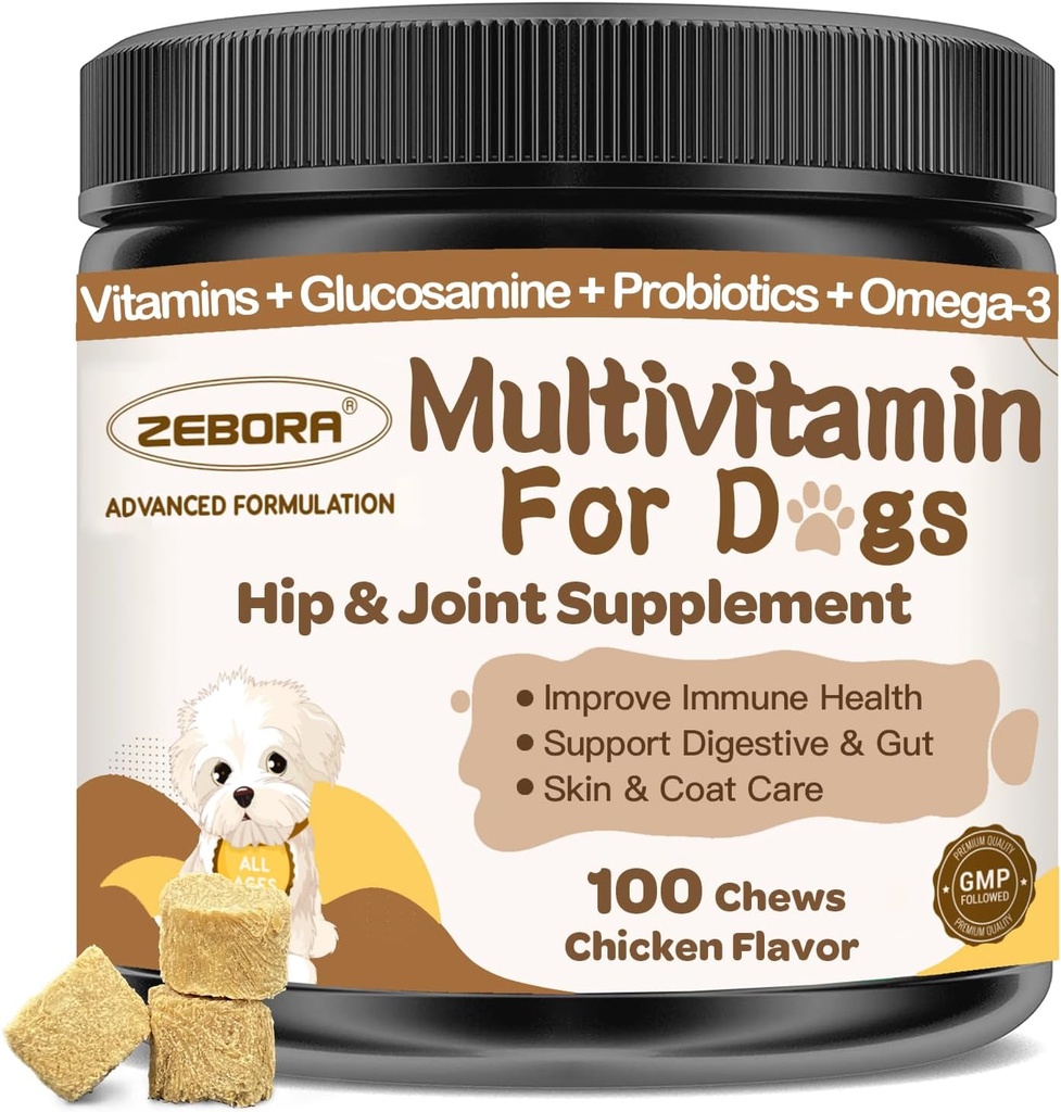 Pes Multivitamin s minerály pro celkové zdraví - Dog Vitamíny a doplňky s Glucosamine, Probiotika pro štěňata a seniory s minerály - Omega 3 Rybí olej pro pleť & Coat - 100 Žvýkání