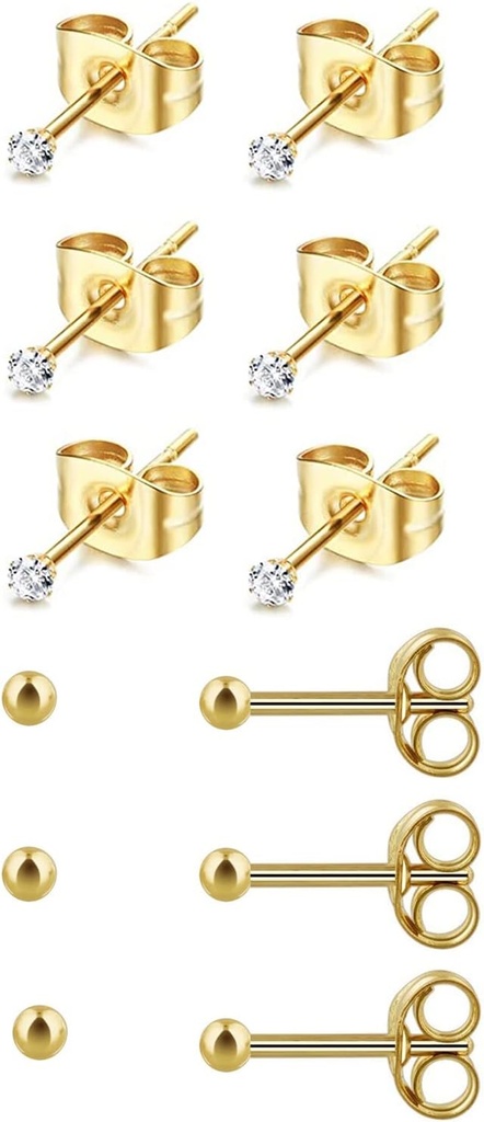 6Pairs 2mm / 3mm Chirurgická ocel hypoalergenní piercing Studs, 20G 14K Real Gold Filled Tiny Stud Náušnice Sada pro vícenásobné piercing díry (Cubic Zirconia, Pearl, Ball)