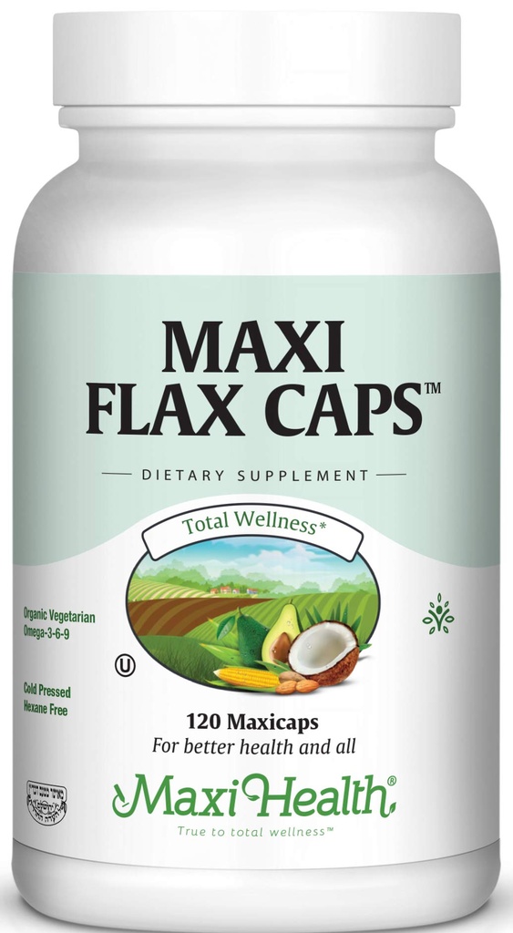 Maxi Flax Caps - Organic Flaxseed Oil, Omega 3, 6, 9 - Cold Press - Hexane Free, 700 mg - Kosher, 120 caps
