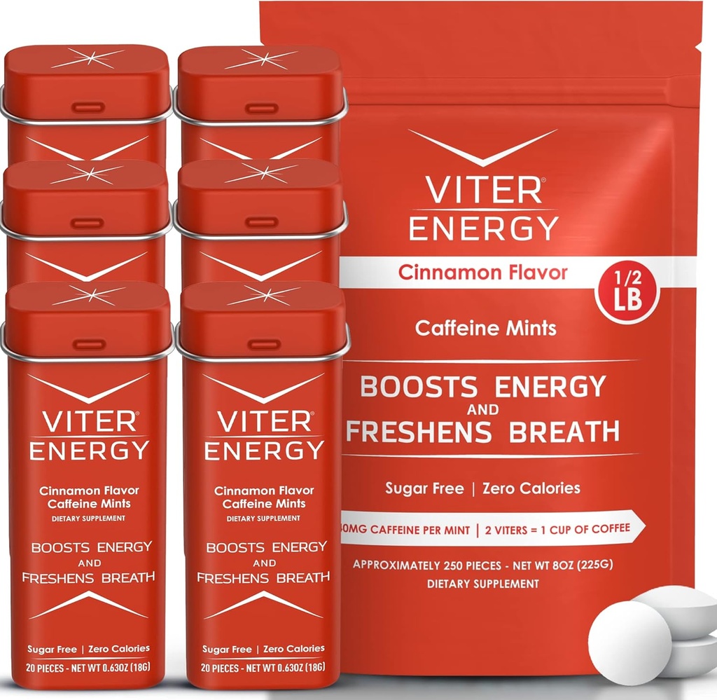 Viter Energy Original Caffeine Mints Skořice Flavor 6 Pack a 1 / 2 Pound Bulk Bag Bundle - 40mg Caffeine, B Vitamíny, Cukr zdarma, Vegan, Výkonný Energy Booster pro Focus a Alerness