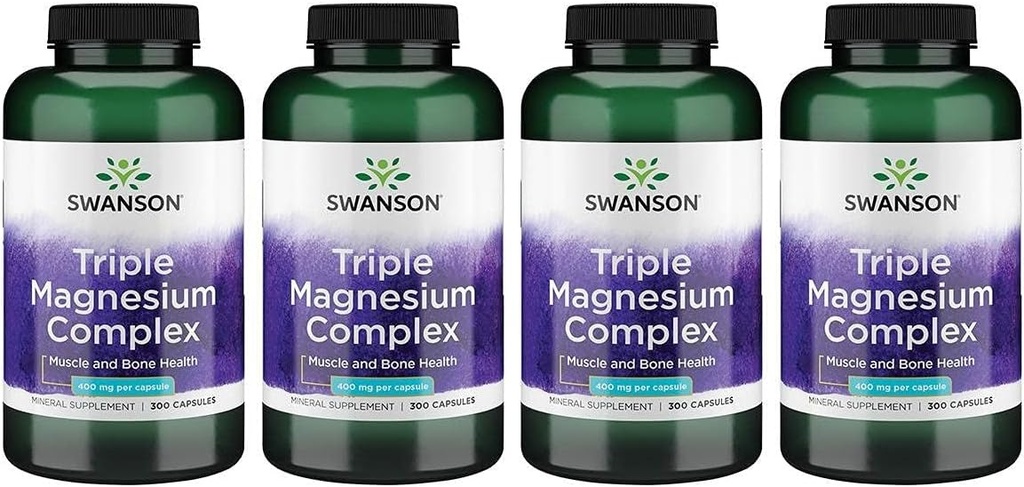Swanson Triple Magnesium Complex - Minerální doplněk - Přírodní podpora - Vyznačuje Citrát, Oxide & Aspartát - (300 kapslí, 400mg každý, 4 balení)
