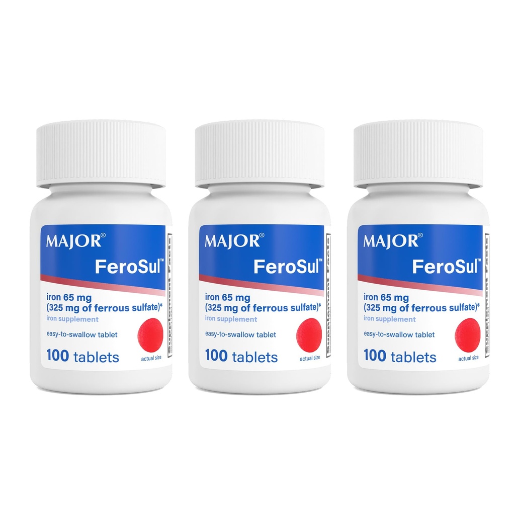 MAJOR Ferosul - Železný sulfát 325mg tablety s 65mg elementárního železa - Železný dodatek pro ženy, muže - Červený - 100 Počet (3 balení)