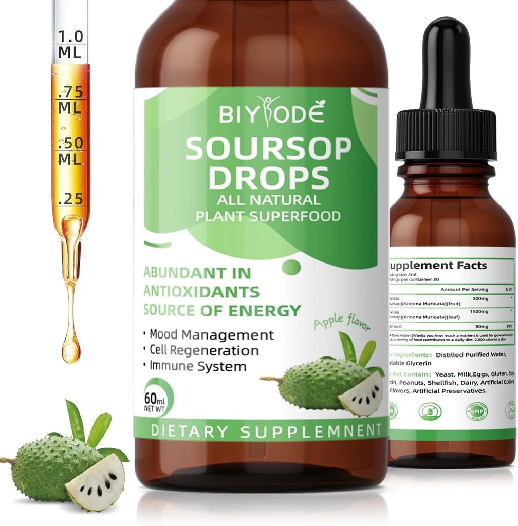 Soursop Graviola Liquid Drops: 1800mg Premium Antioxidant Podpora pro imunitní zdraví Stravování Relaxation Sleep Vegan gluten Volný cukr 1 Fl Oz 30 Day Supply