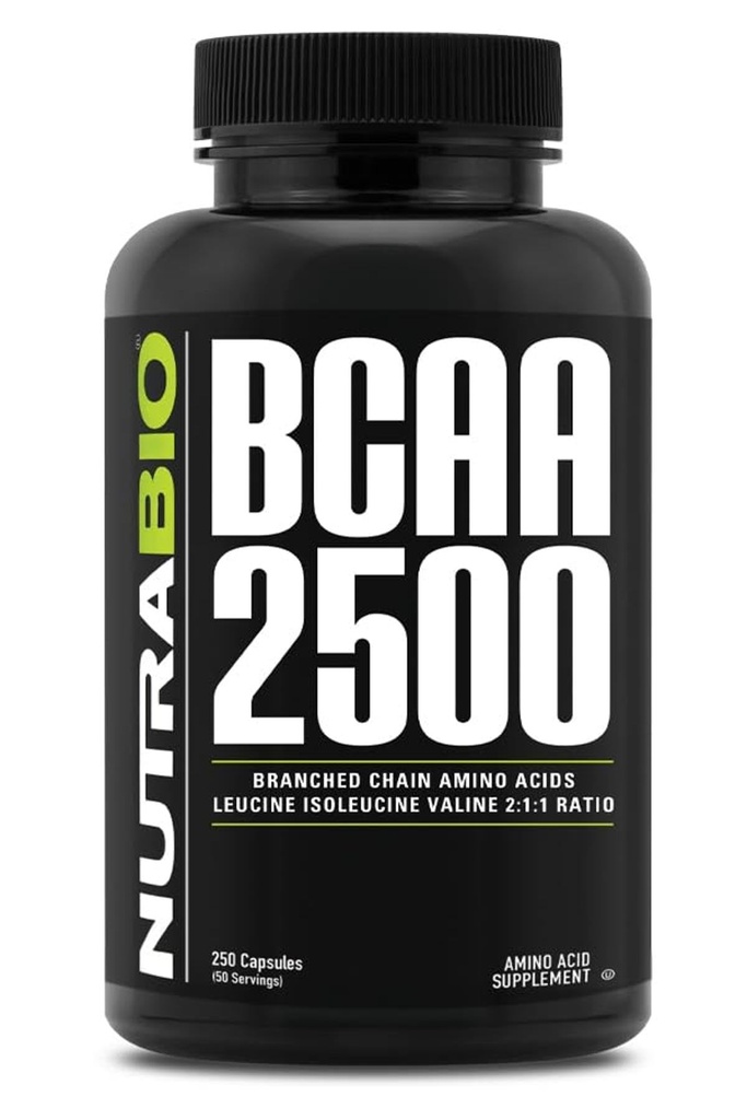 NutraBio - BCAA 2500 - Acidy s rozvětveným řetězcem - Podpora nového růstu svalů a zabránění rozpadu svalů - 250 Kapsle
