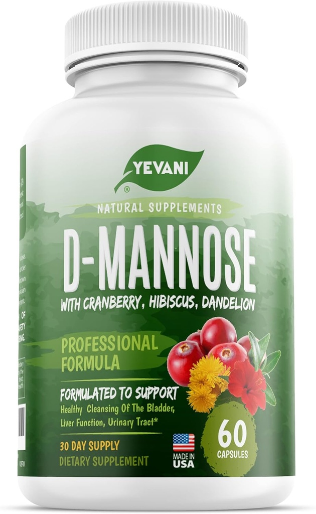 100% čisté D- Mannose Kapsle 1000 mg s Cranberry, Hibiscus, a Dandelion Extract, rychle působící profesionální UTI Prevence Formule pro močení Trakt Zdraví a močová měchýř Podpora