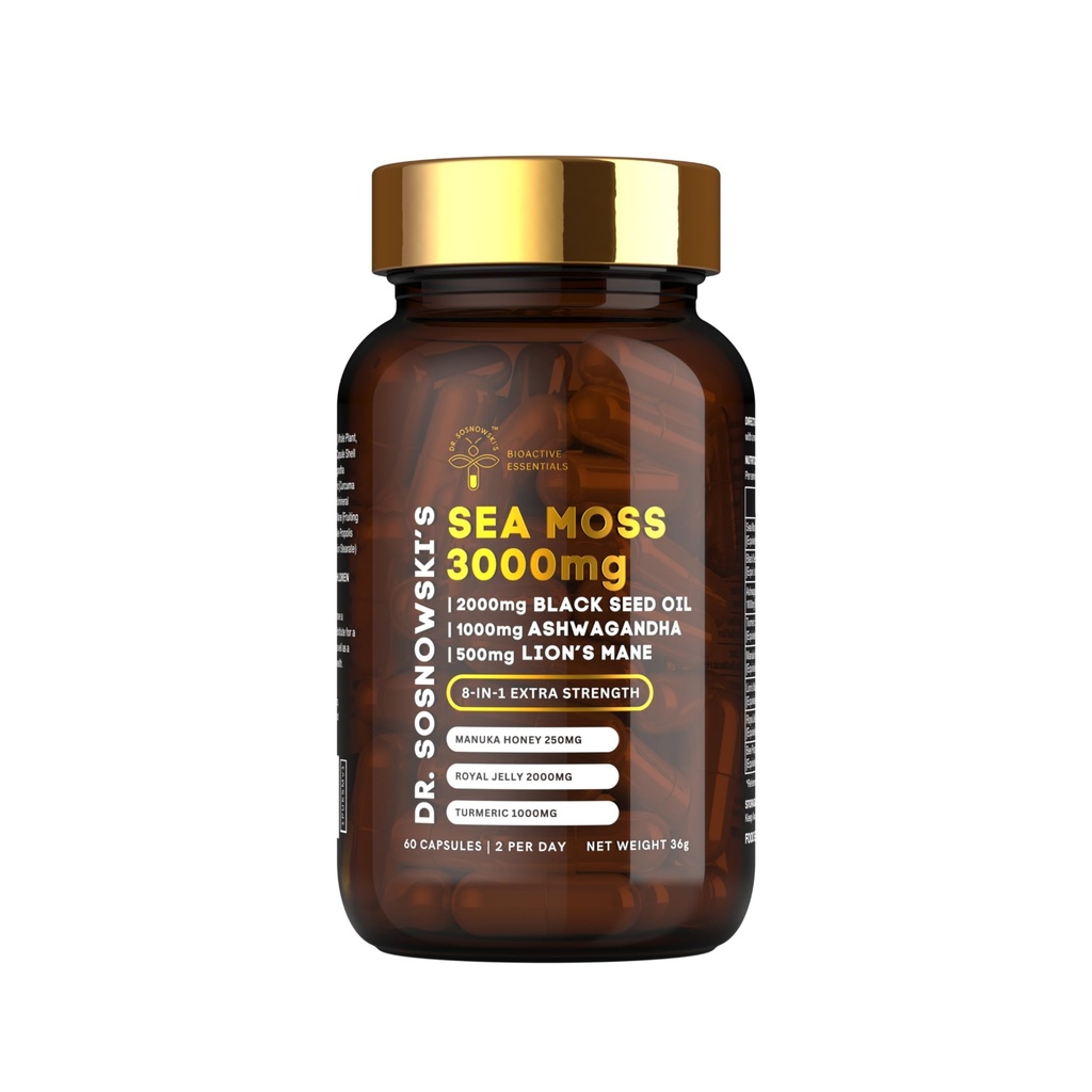 Dr. Sosnowski 's BioActive Sea Moss 124; 8-in-1 Formule Enriched with Black Seed, Ashwagandha, Turmeric, Manuka Honey, Lion' s Mane, Royal Jelly, Bee Propolis Extract 124; 60 Kapsle