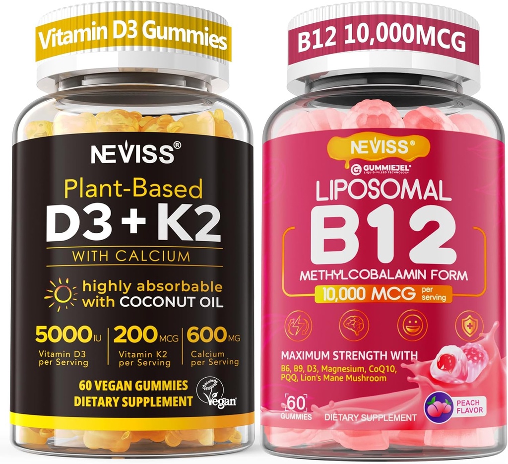 NEVISS 2Pack Vitamin D3 5000iu & K2 (jako MK7) 200mcg Gummies + 600 mg vápníku + 1 Pack Liposomální methyl B12 5000 mcg / 10000 mcg