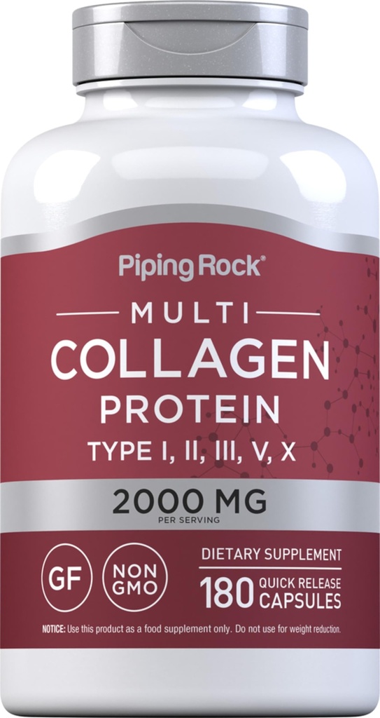 Piping Rock Multi Collagen Protein Kapsle 124; 180 Počet 124; 2000mg IR 124; Typy I, II, III, V, X IR 124; Complex Blend IR 124; Non- GMO, gluten zdarma