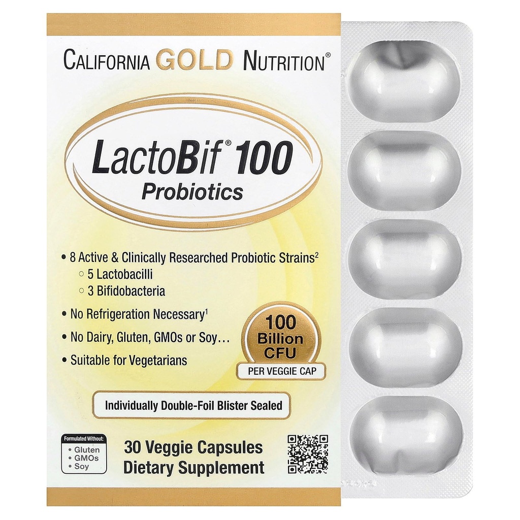 California Gold Nutrition LactoBif Probiotika, 100 Bllion CFU, 8 Aktivní a klinicky zkoumaných Probiotických Strains, Sugar- Free, Vegetarian, Individuálně Double- folie Blistr Sealed, 30 Veggie Kapsle