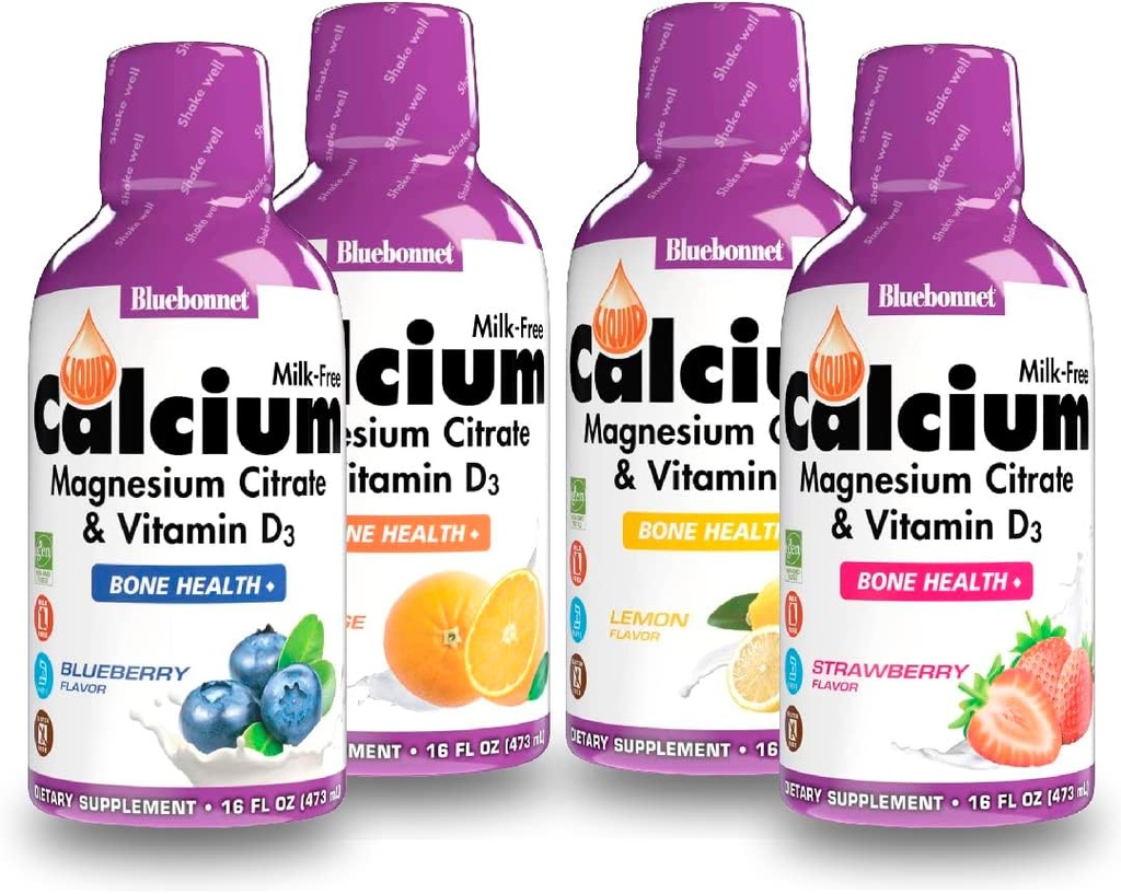Bluebonnet Nutrition Liquid Calcium Citrát hořčíku Citrát, Vitamin D3, Bone Health - Bundle of Orange, Blueberry, Lemon and Strawberry Flavor, 4 Láhev 16 Fl Oz Each (64 Fl Oz Total)
