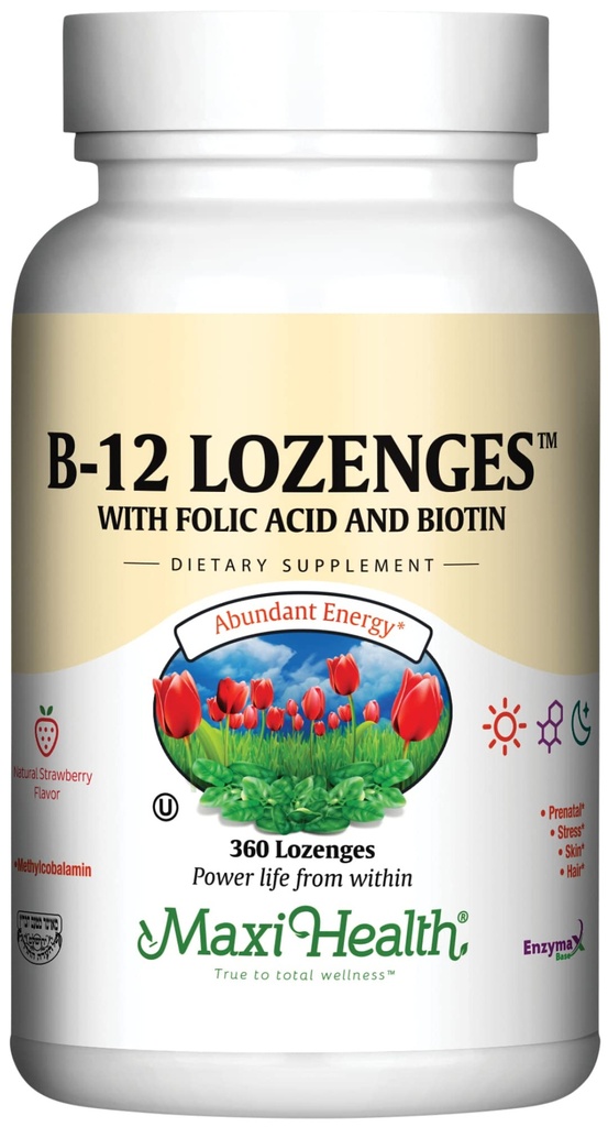 Maxi Health Vitamin B12 Lozenges s kyselinou listovou a biotin - Sublingual B12 Vitamíny Jahodová Flavor - Vegetarian Kosher B 12 Vitamin pro výrobu a energii červených krvinek (360 Počet)