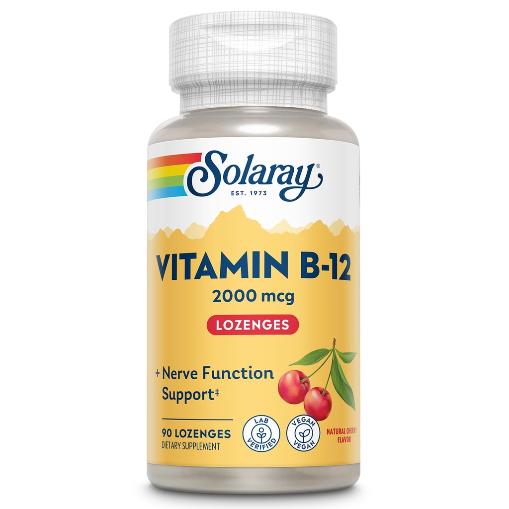 SOLARAY Vitamin B12 2000 mcg Lozenges - žádný cukr, přírodní třešňový flavor vitamín B 12 dodatek pro nervovou funkci, energetiku a podporu červených krvinek - Laboratoř ověřená, Vegan - 90 Služeb, 90 Lozengů