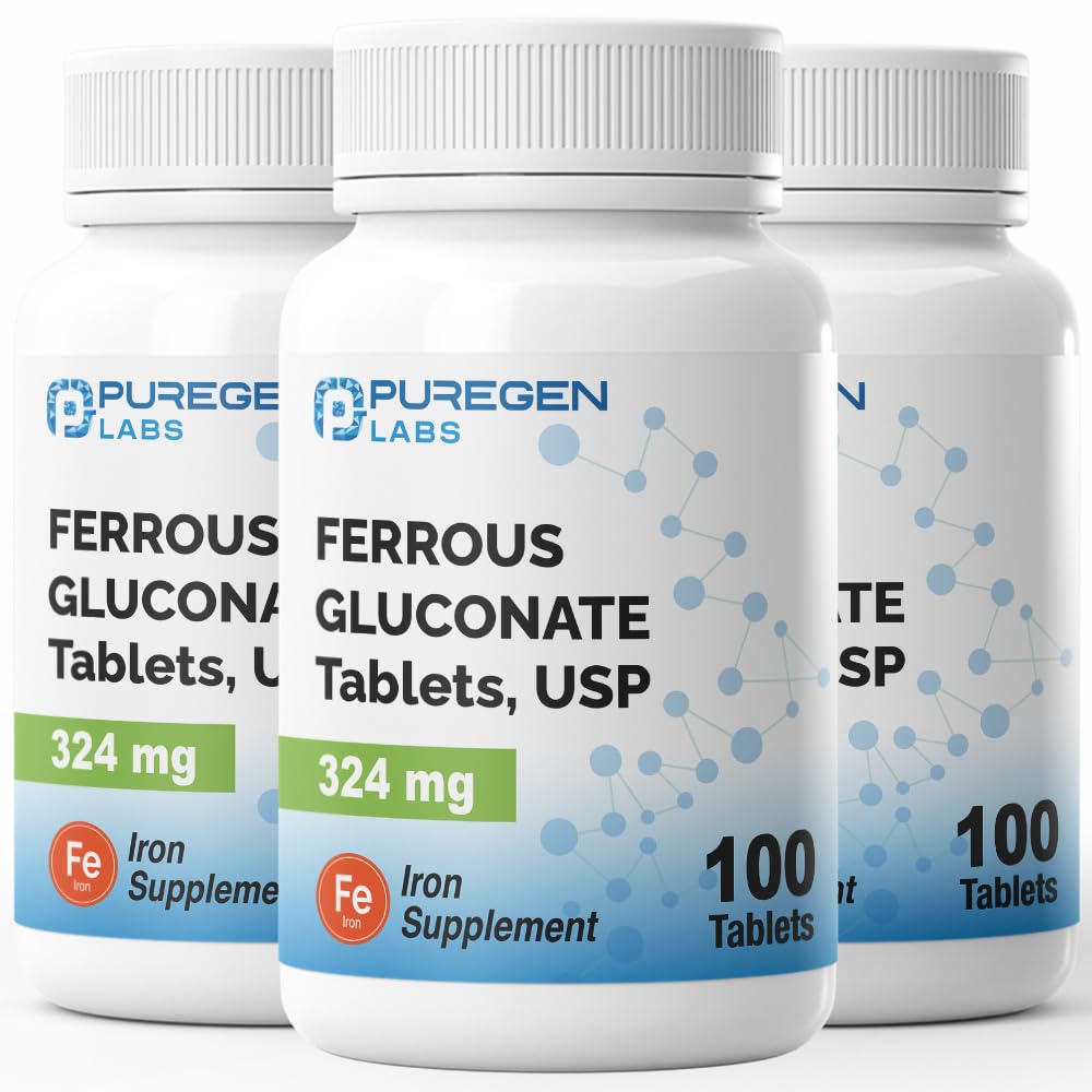 Puregen Labs Ferrous Gluconate 324 mg [Vysoká potence] Železo dodatek, Gentle on Stomach Factory 124; 3 Pack - 300 Tablety Celkem