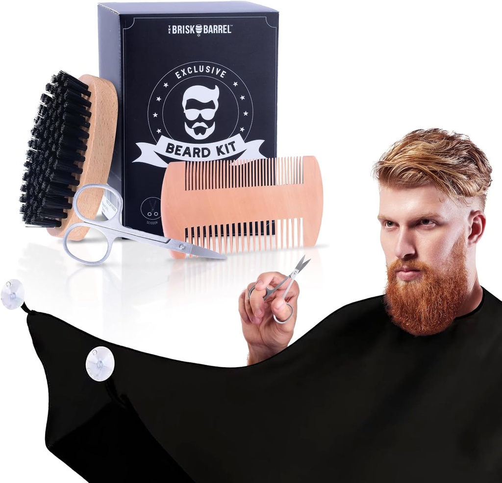 Beard Grooming Kit pro muže 4 v 1. Beard Brush a Comb Set s Messy Free Bib Apron, Nůžky na kníry. Přírodní kartáč a dual Action Comb. Mužská péče. Dárek pro manžela,
