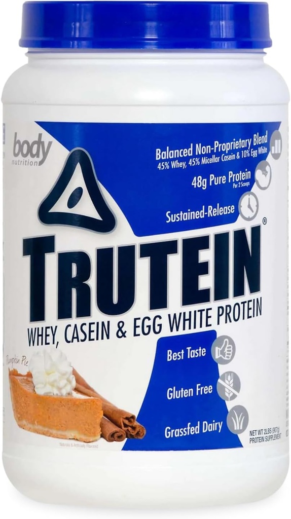 Body Nutrition Trutein High Protein Powder: 45% syrovátka, 45% kasein, 10% Vejce bílá, gluten- Free, Nízký sodík, Tráva Fed syrovátkový prášek, Gym dodatek a snídaně Shake, dýňový koláč, 2lb