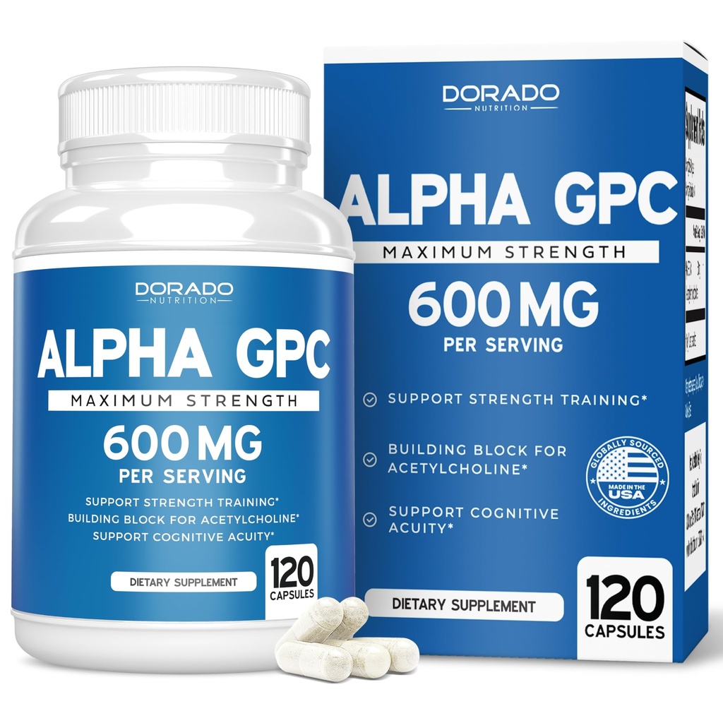 Alpha GPC Choline Kapsle - 120 Počet, 600mg Servings (Podpora mozkové podpory, která podporuje zaměření, paměť, motivace, & energie (třetí strana testována, Vegan Safe Made in the USA)