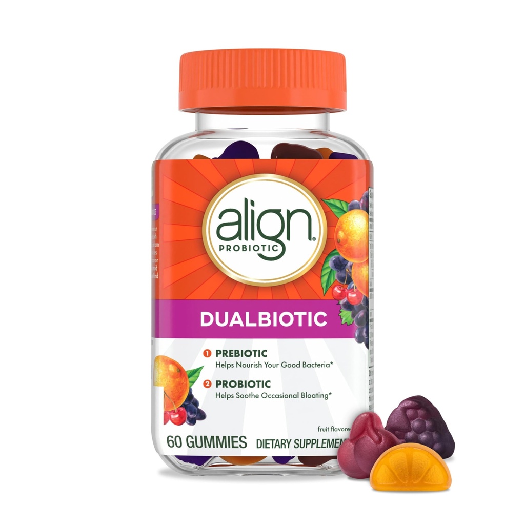 Zarovnat dualbiotika, Prebiotika a probiotika pro ženy a muže, Probiotika pro stravitelné zdraví, Prebiotika Nápověda Nourish dobré bakterie, přírodní ovocné příchutě, 60 Probiotické gumy
