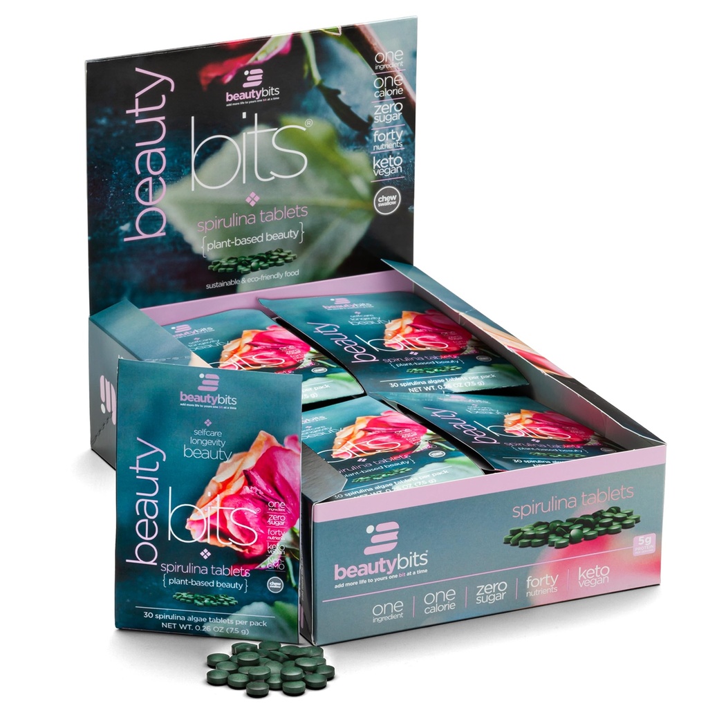 BEAUTYbits - Organic Spirulina Tablety - Řasy Superfood - Kolagen, protein, chlorofyl - Vlasy, hřebíky, a péče o pleť - Vegan, Keto, gluten Free - Self Care - Skincare Beauty - 30 sáčků, 900 tablet