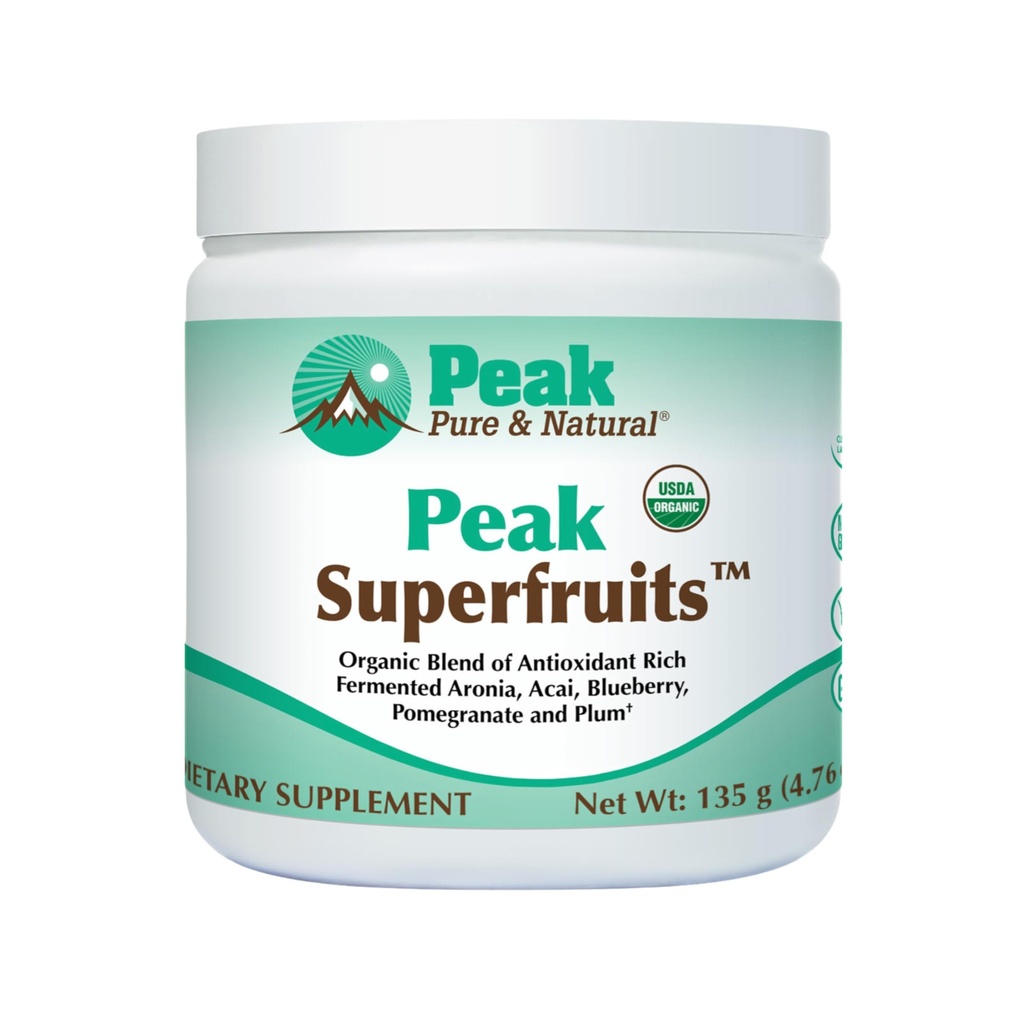 Peak Organic Supergruits - Polyfenol Bohaté Superfood Powder - Non- GMO fermentované Aronia Berry, Acai, Blueberry, Pomegranát, a Plum - Stárnutí, Metabolické zdraví, Srdce zdraví (30 Sluhy)