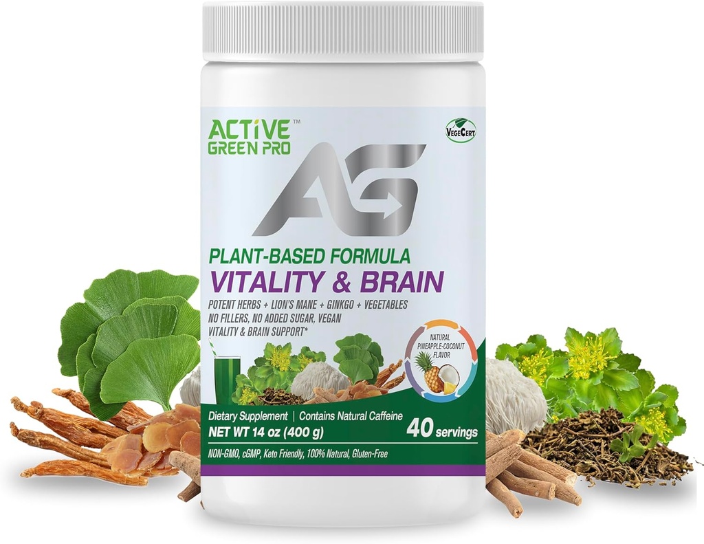 Vitalita & Brain Powder, Směs synergistických bylin, Lví hříva, Ginkgo, a zelenina, Plant- based Formule, No Fillers, No Sugar Added - 40 Služeb