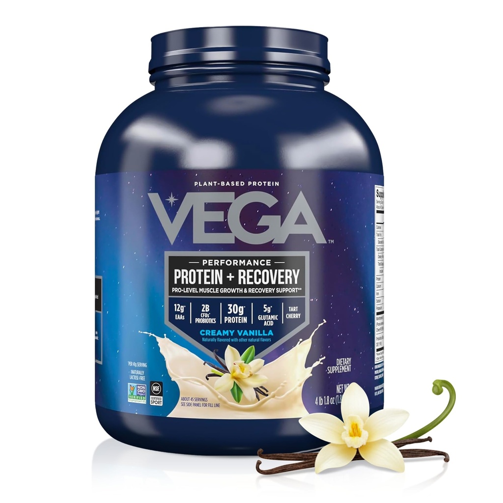 Vega Sport Vegan Protein Powder + Recovery - 30g Plant Based Protein per Serving, Vanilla, 45 Servings, 5g BCAA, Probiotika, NSF Certified, For Shakes & Smoothies, 4.1lbs (Balení květen Vary)