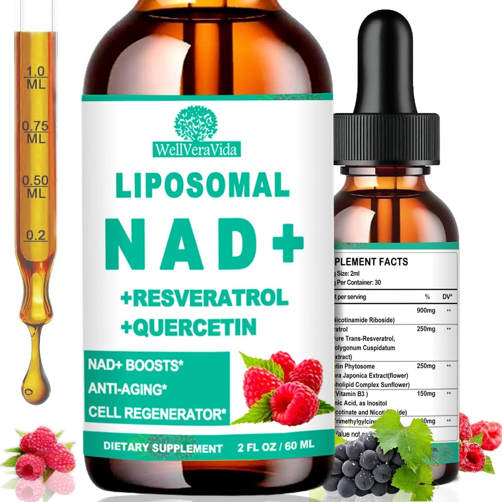 NAD doplňky pro ženy a muže, Lipozomální NAD Nikotinamid Riboside Resveratrol 900mg, TMG, Quercetin, vitamin B3, Organické kapalné NAD Resveratrol dodatek pro dlouhověkost, energie, antiaging, zaměření