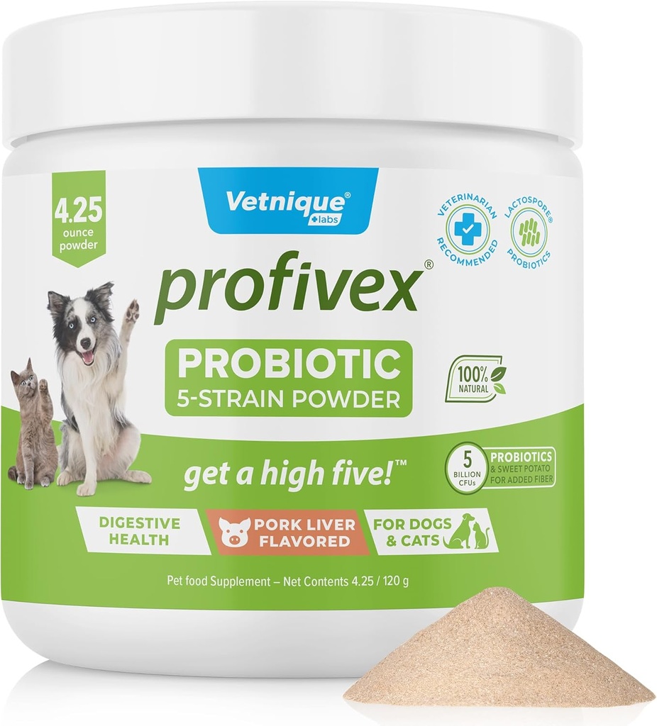 Vetnique Labs Profivex Probiotika pro psy Všechny přírodní psí žvýkání & Prášek pro stravitelné zdraví Probiotické doplňky pro psy 5 Straines Probiotics & Prebiotics (Prášek, 4.25oz)