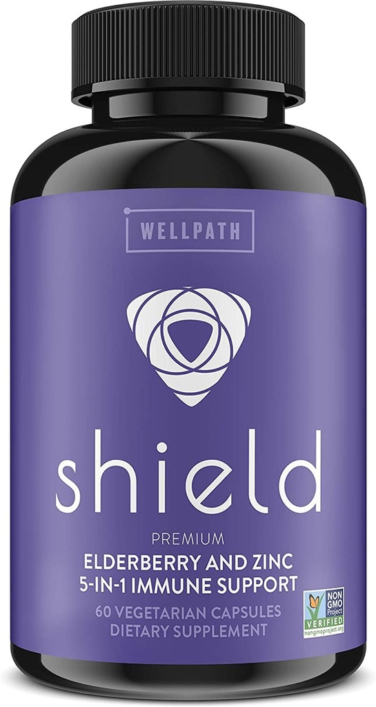 WellPath Shield Elderberry Kapsle - 5- in-1 Imunitate Support Booster s zinkem, Vitamin C, Echinacea, Bee Propolis - Premium Zinek Dodatek - 600 mg Sambucus Black Elderberry pilulky pro dospělé - 60 Ct