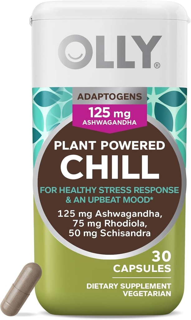 OLLY Chill Adaptogen, Ashwagandha, Mood Support Dodatek s Rhodiola Root, Vegetariánské kapsle - 30ct