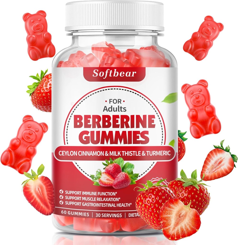 softbear Berberine s Ceylon Skořice Gummies Organic Berberine HCL 1500mg pro metabolismus imunitní zdraví Sugar- zdarma Berberine doplňky Jahody Ochucené 60 Počet