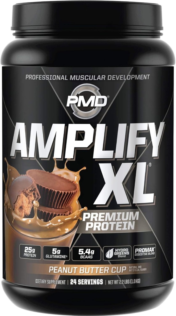 PMD Sports Amplify XL Premium Whey Protein Dodatek Hydro Greens Blend - Glutamin a syrovátka protein Matrix se Superfood pro svalovinu, sílu a obnovu - arašídové máslo Cup (24 Servings)